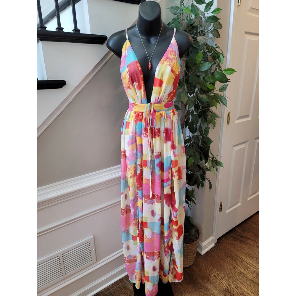 Miss Avenue Maxi Dress Women Medium Multi Abstract Plunge Neck Spaghetti Strap